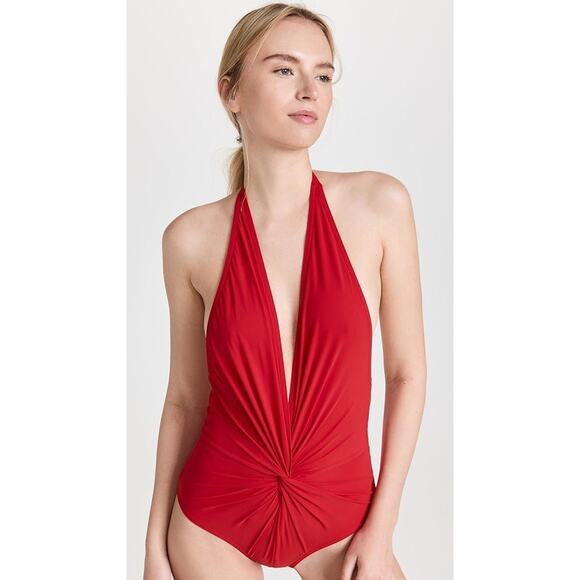 Karla Colletto Low Back Plunge One Piece Swimsuit - 8 Cherry - Picture 1 of 5